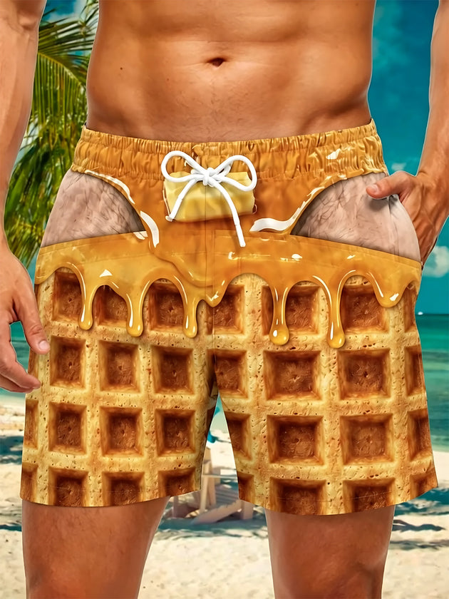 Adaychic Men's Graphic Waffle Print Syrup Drip Print Shorts with Chest Pocket