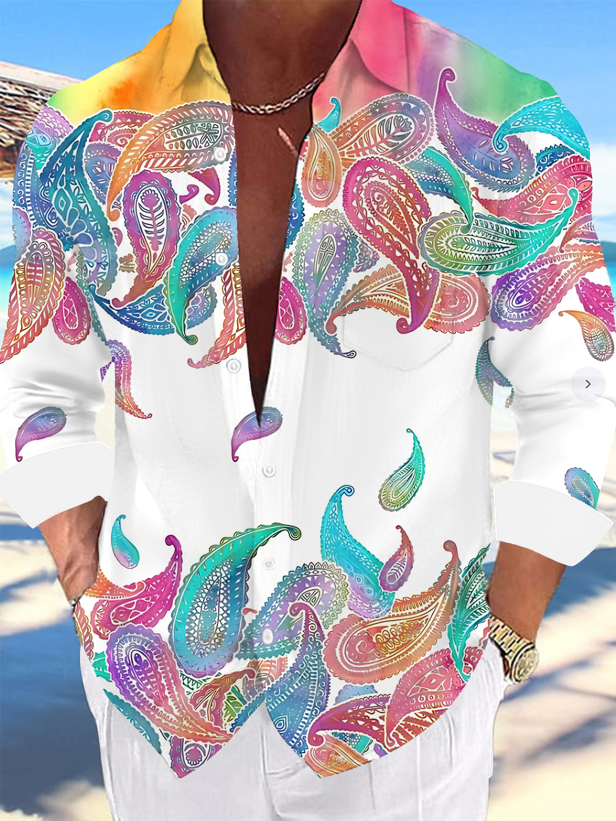 Adaychic Men's Printed Colorful Paisley Print Long Sleeve Shirt with Chest Pocket