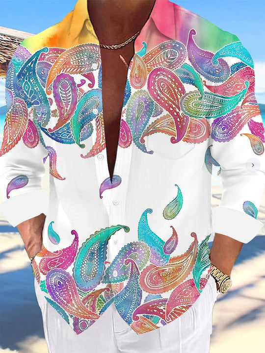 Adaychic Men's Printed Colorful Paisley Print Long Sleeve Shirt with Chest Pocket