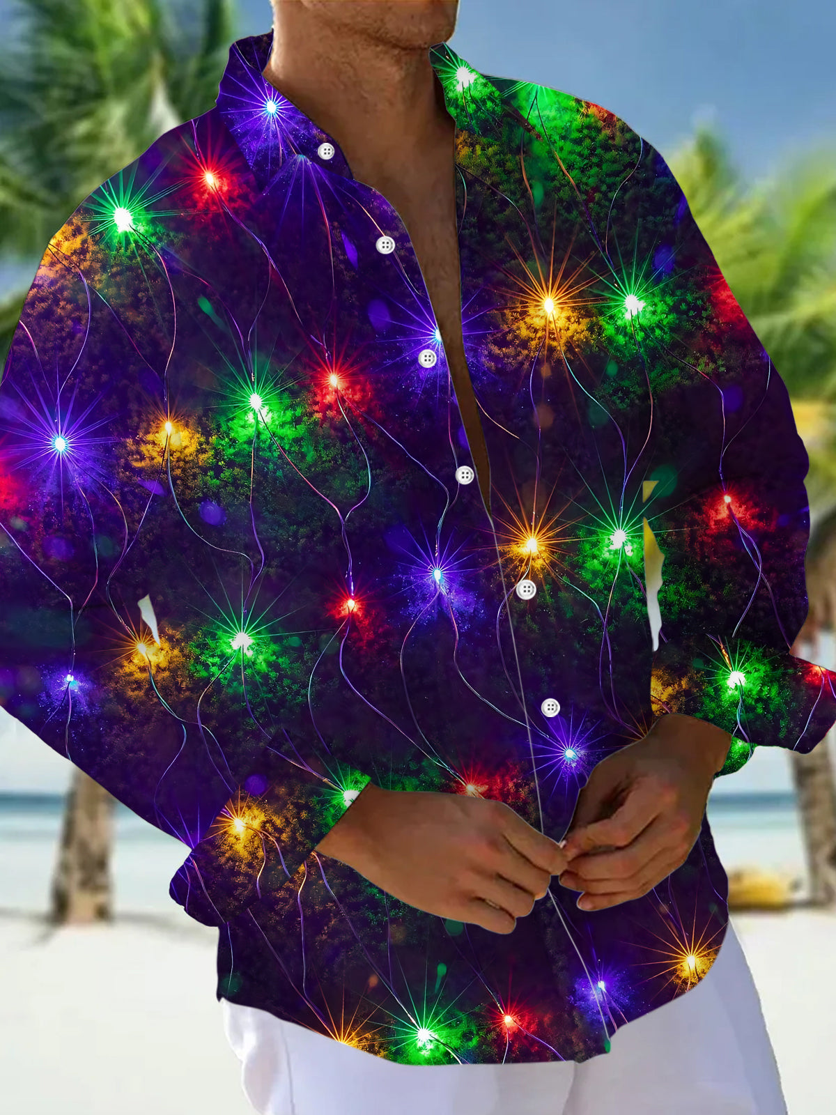 Adaychic Men's Colorful Starburst Lights Print Long Sleeve Shirt with Chest Pocket