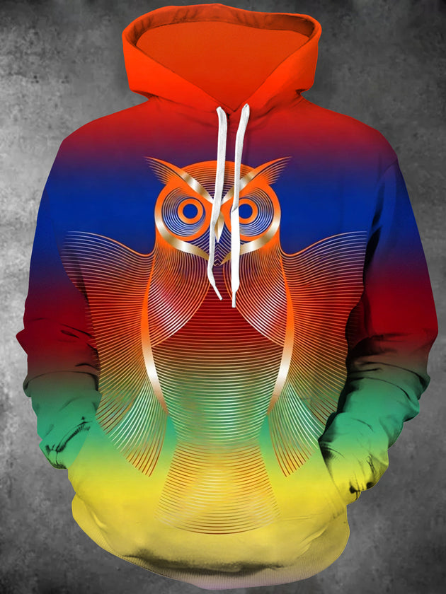 Adaychic Men's Graphic Geometric Owl Print Long Sleeve Hoodie with Chest Pocket