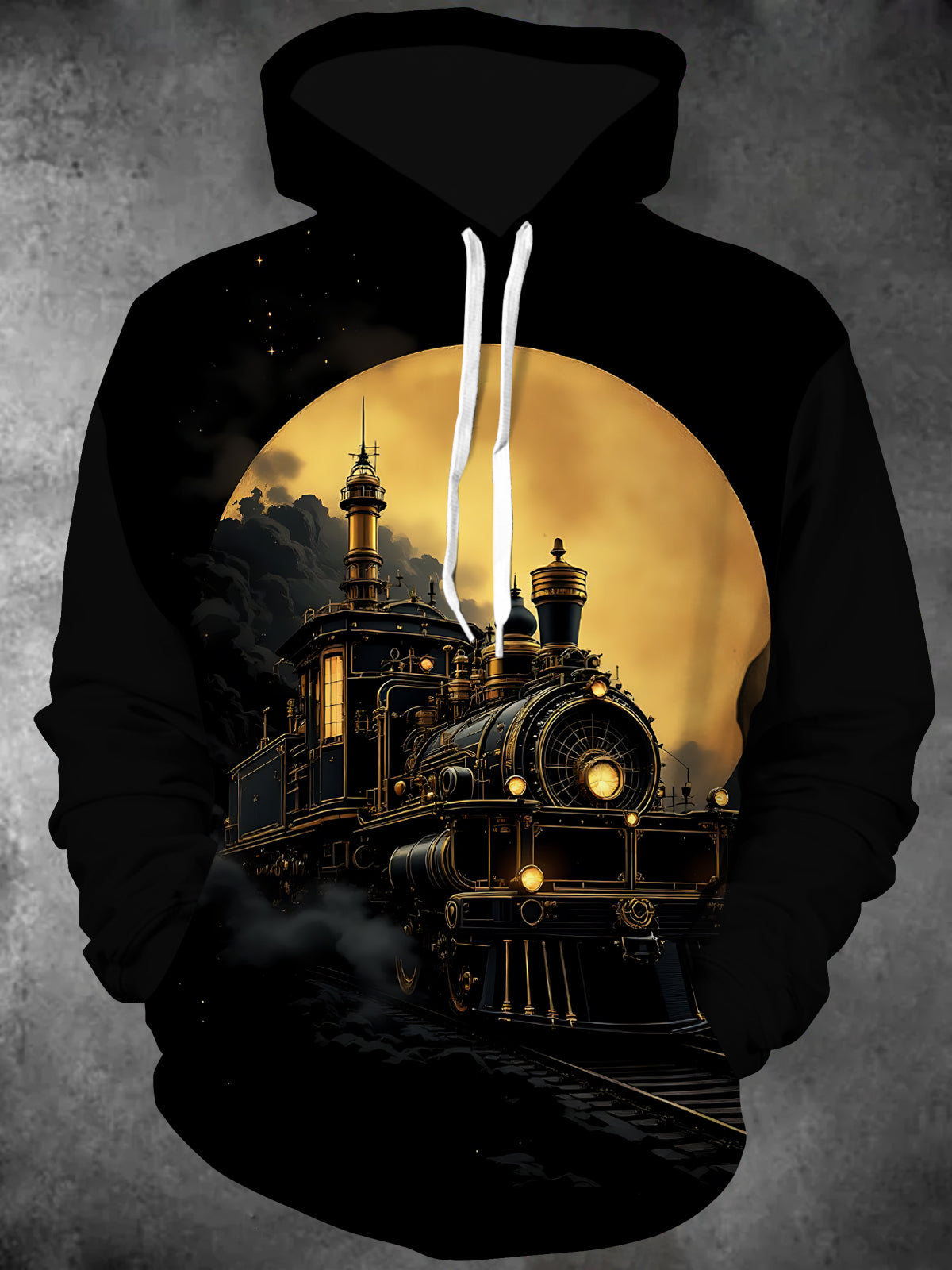 Adaychic Men's Vintage Steam Train Print Long Sleeve Hoodie with Chest Pocket