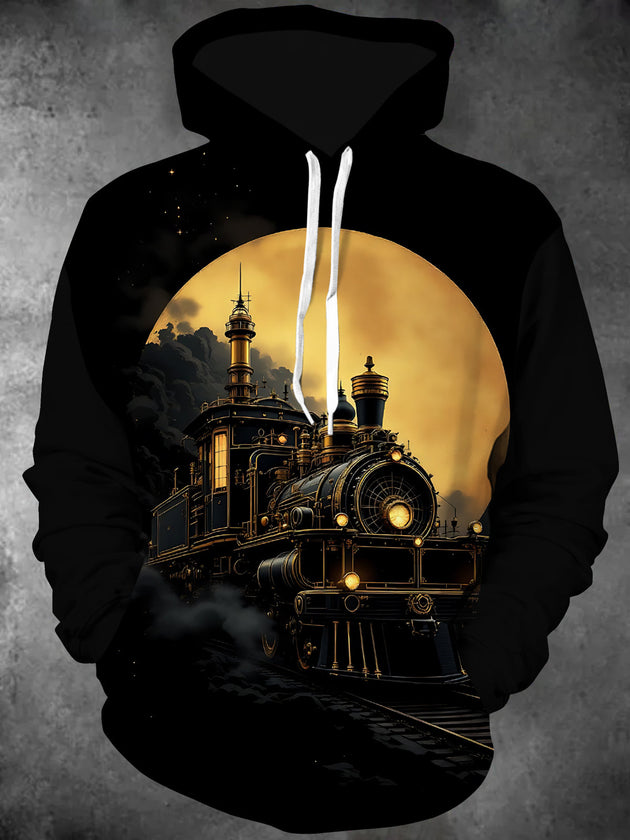 Adaychic Men's Vintage Steam Train Print Long Sleeve Hoodie with Chest Pocket