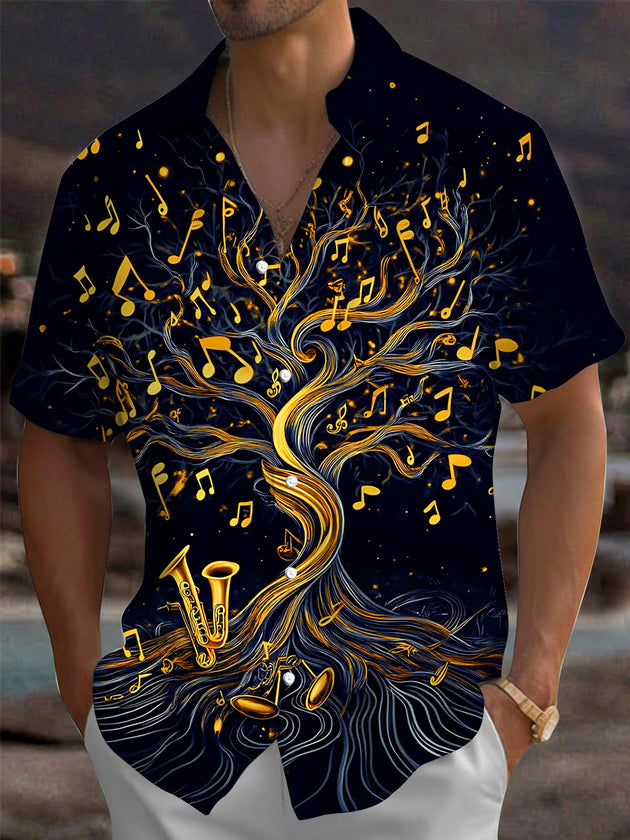 Adaychic Men's Graphic Saxophone Tree Print Short Sleeve Shirt with Chest Pocket