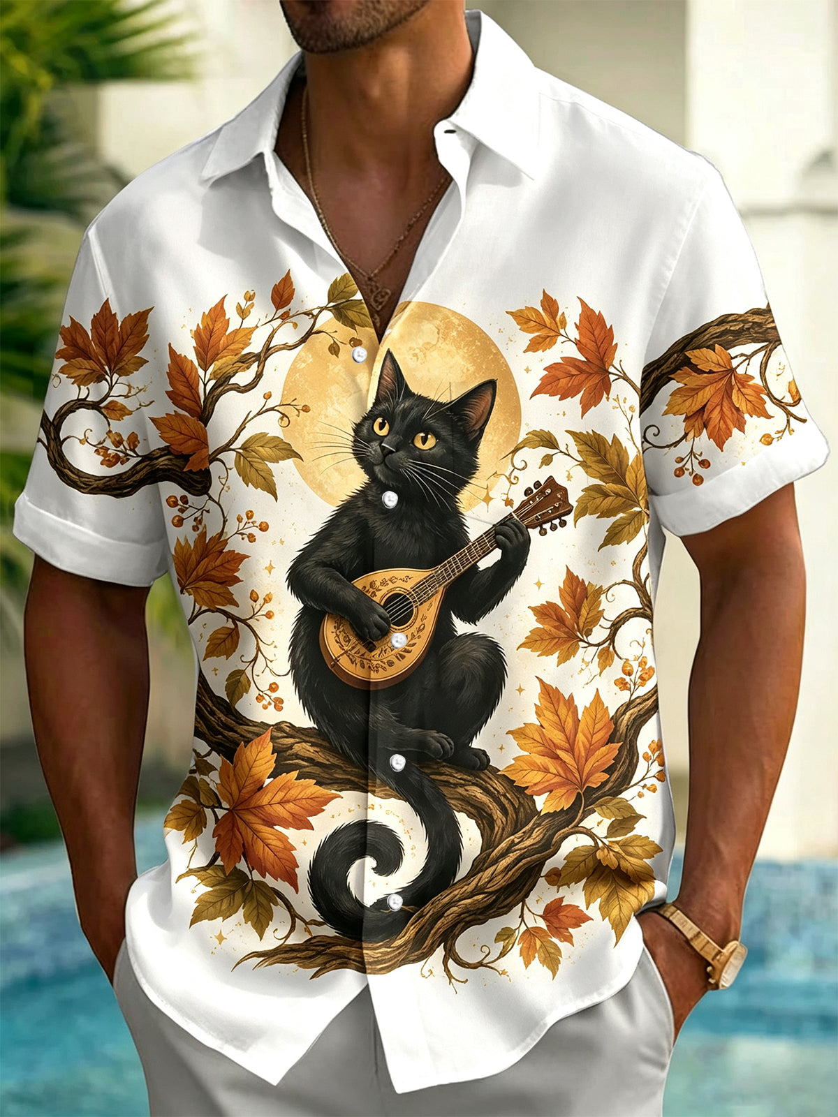 Adaychic Men's Black Cat Playing Mandolin Print Short Sleeve Shirt with Chest Pocket