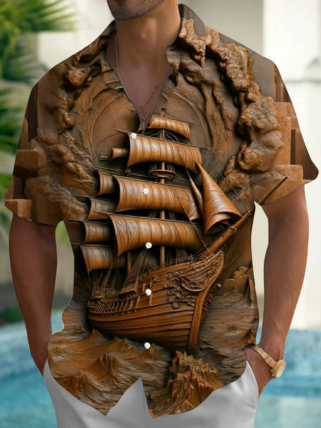 Adaychic Men's Wooden Ship Relief Print Short Sleeve Shirt with Chest Pocket