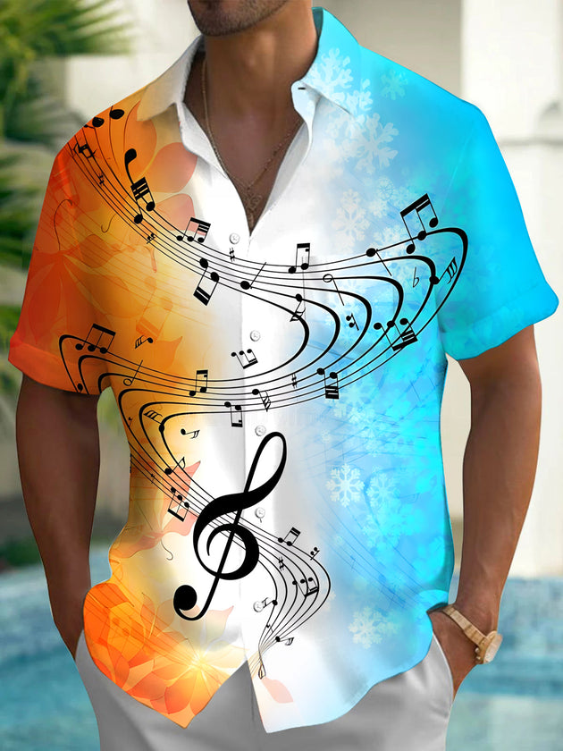 Adaychic Men's Graphic Musical Notes Print Short Sleeve Shirt with Chest Pocket