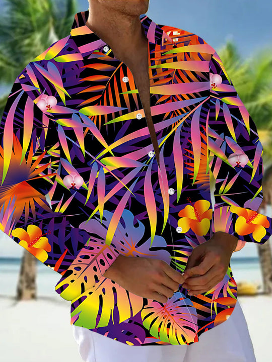 Adaychic Men's Neon Gradient Tropical Leaves Print Long Sleeve Shirt with Chest Pocket