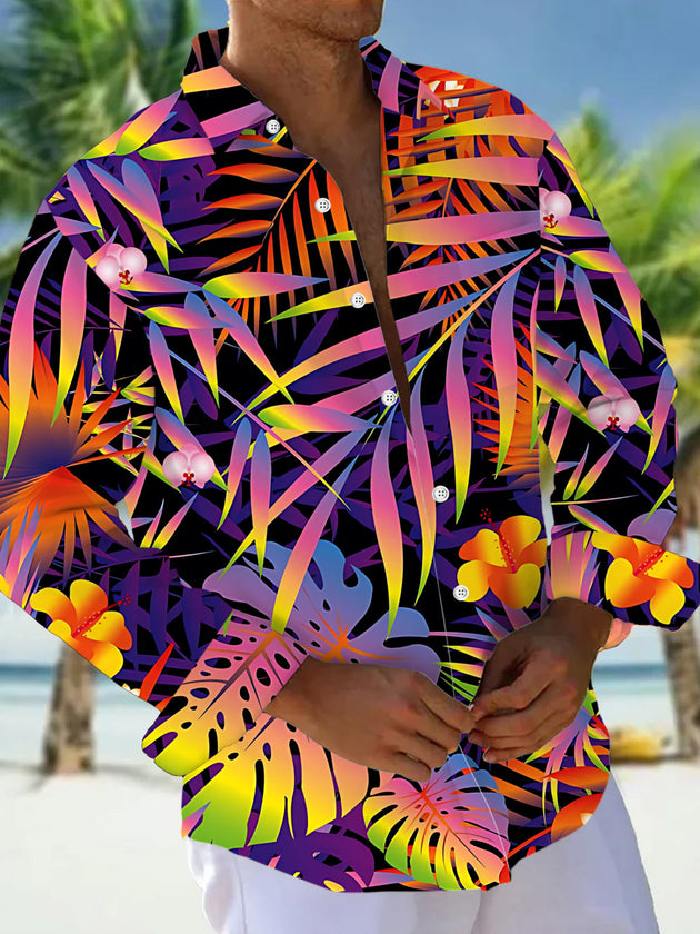 Adaychic Men's Neon Gradient Tropical Leaves Print Long Sleeve Shirt with Chest Pocket