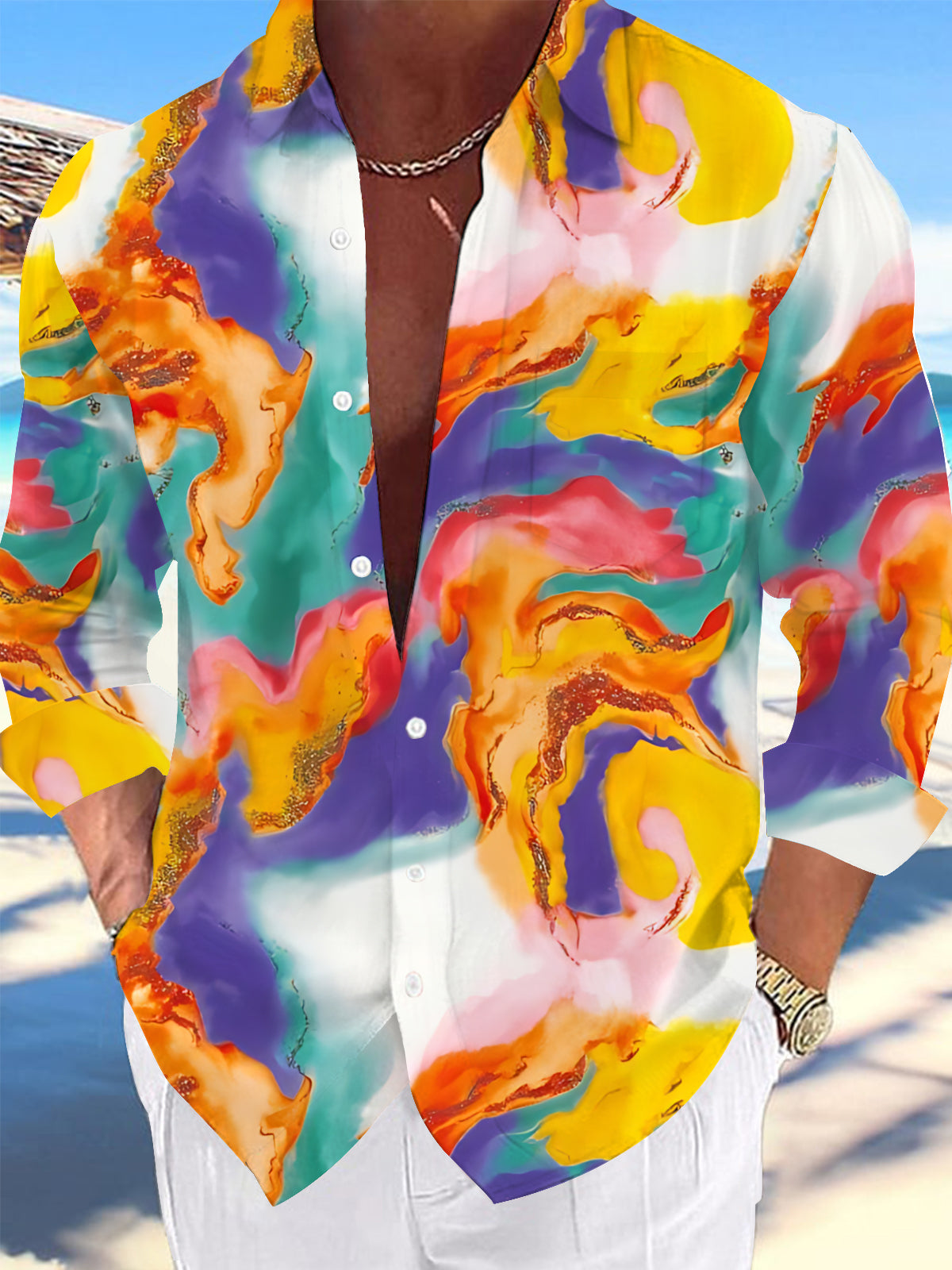 Adaychic Men's Printed Abstract Gradient Print Long Sleeve Shirt with Chest Pocket