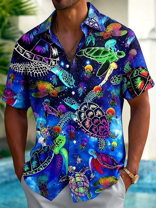 Adaychic Men's Hawaiian Neon Sea Turtles Print Short Sleeve Shirt with Chest Pocket