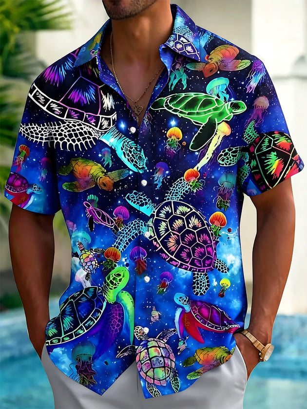 Adaychic Men's Hawaiian Neon Sea Turtles Print Short Sleeve Shirt with Chest Pocket