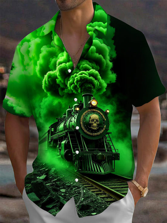 Adaychic Men's Graphic Skull Steam Train Print Short Sleeve Shirt with Chest Pocket
