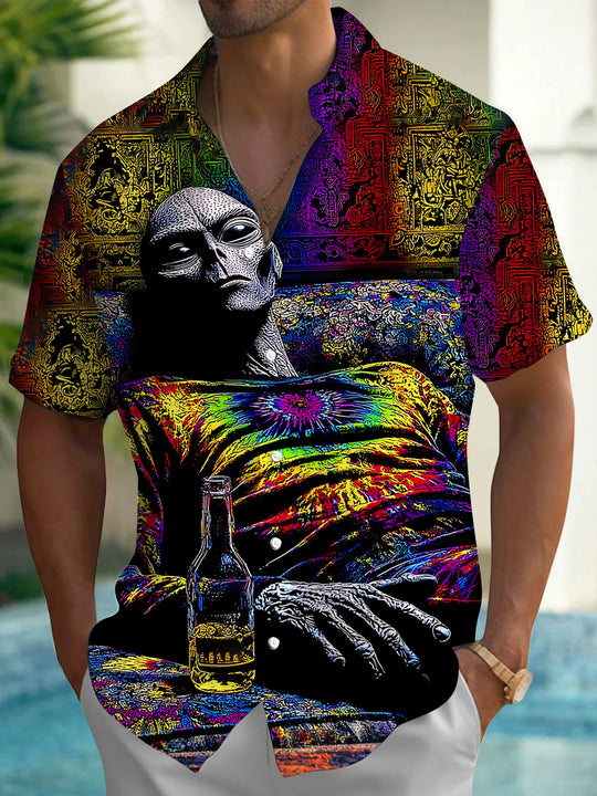 Adaychic Men's Graphic Alien Character Print Short Sleeve Shirt with Chest Pocket