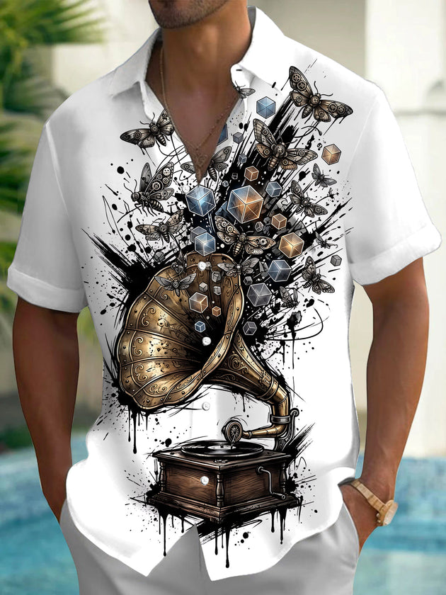 Adaychic Men's Vintage Gramophone Print Short Sleeve Shirt with Chest Pocket