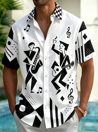 Adaychic Men's Graphic Jazz Musicians Print Short Sleeve Shirt with Chest Pocket