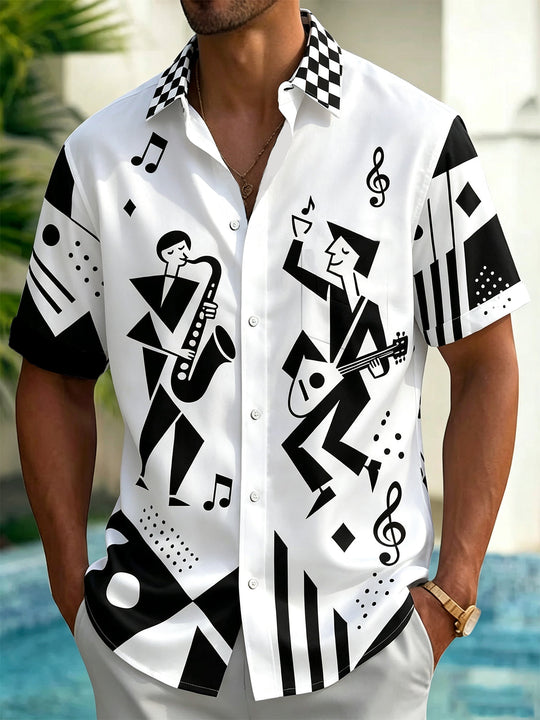 Adaychic Men's Graphic Jazz Musicians Print Short Sleeve Shirt with Chest Pocket