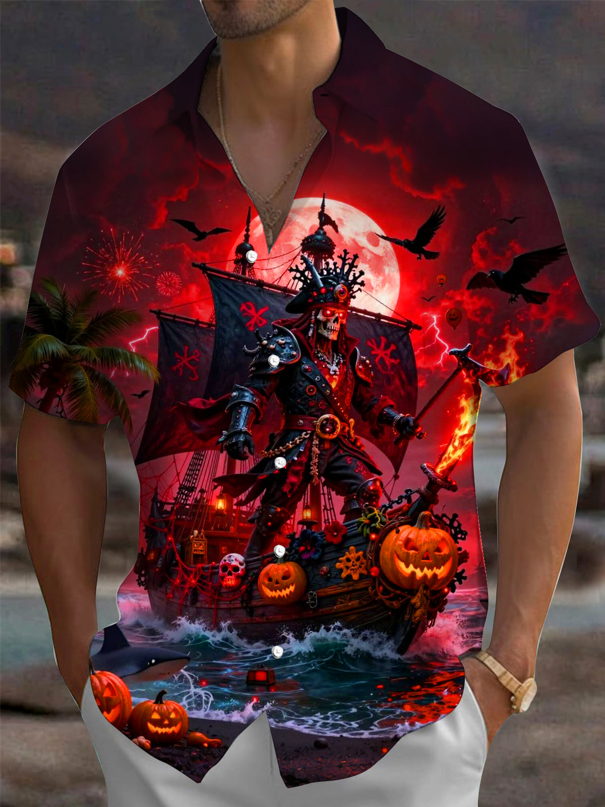 Adaychic Men's Graphic Halloween Pirate Ship Print Short Sleeve Shirt with Chest Pocket