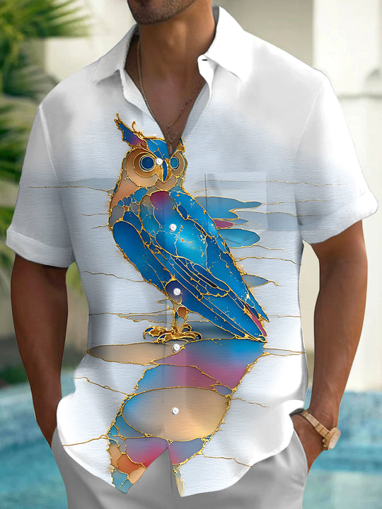 Adaychic Men's Graphic Stylized Owl Print Short Sleeve Shirt with Chest Pocket
