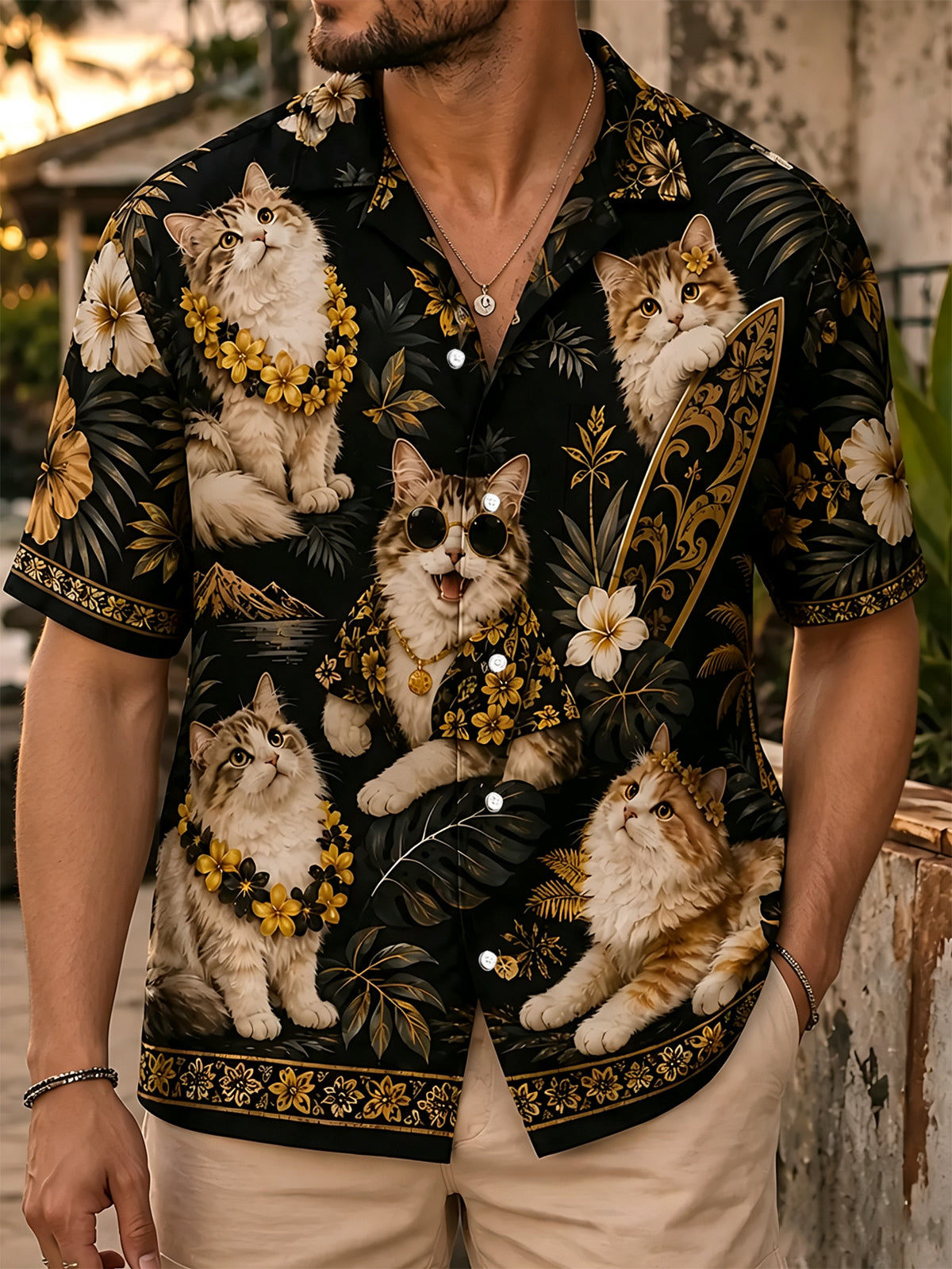Adaychic Men's Hawaiian Cat With Surfboard Print Short Sleeve Shirt with Chest Pocket