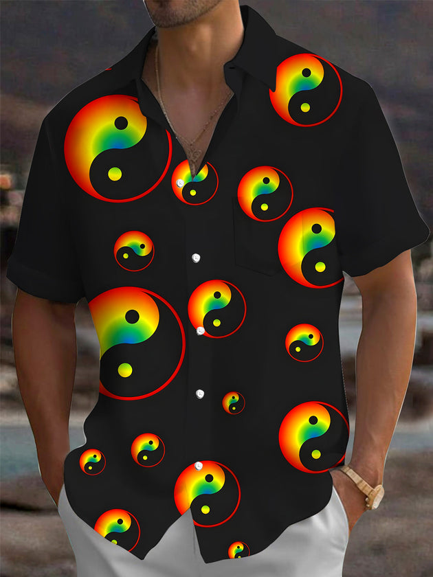 Adaychic Men's Graphic Rainbow Yin Yang Print Short Sleeve Shirt with Chest Pocket