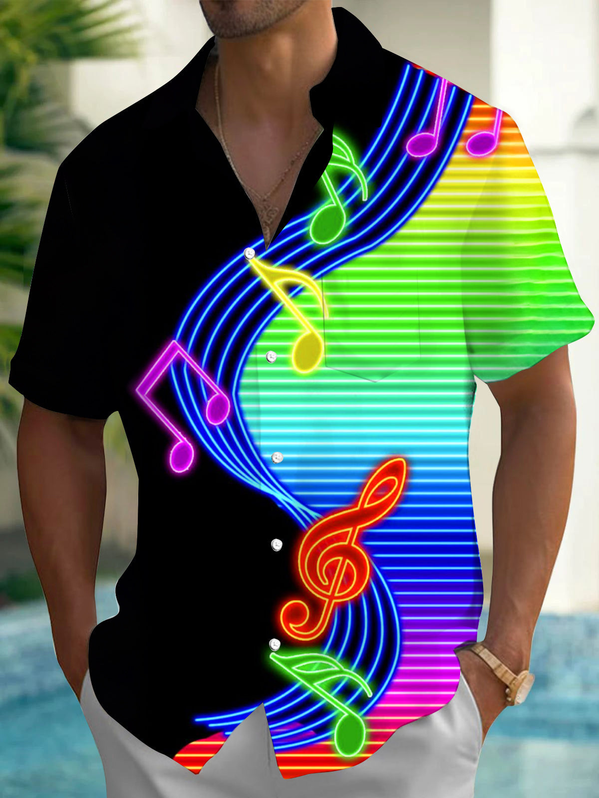 Adaychic Men's Striped Neon Music Notes Print Short Sleeve Shirt with Chest Pocket