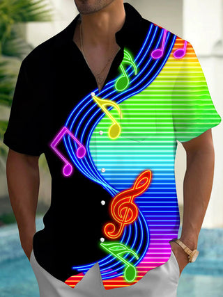 Adaychic Men's Striped Neon Music Notes Print Short Sleeve Shirt with Chest Pocket