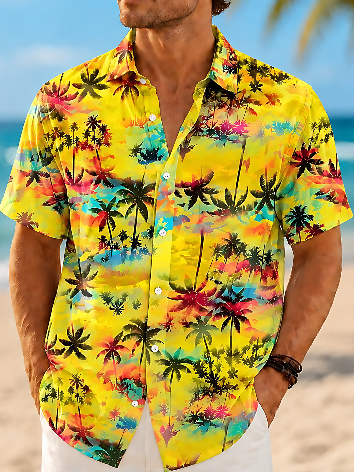 Adaychic Men's Hawaiian Watercolor Palm Trees Print Short Sleeve Shirt with Chest Pocket