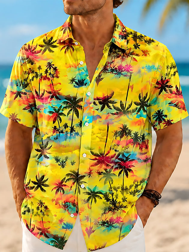 Adaychic Men's Hawaiian Watercolor Palm Trees Print Short Sleeve Shirt with Chest Pocket
