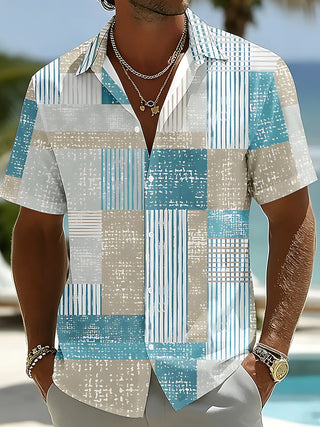 Adaychic Men's Striped Geometric Patchwork Stripes Print Short Sleeve Shirt with Chest Pocket