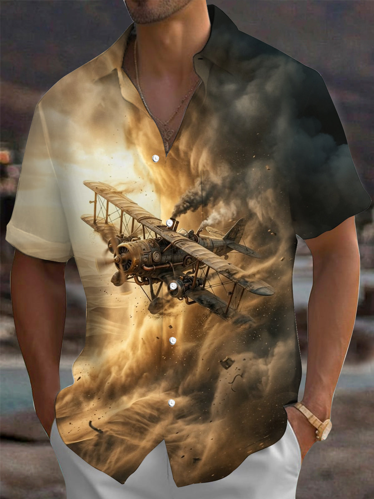 Adaychic Men's Vintage Style Steampunk Biplane Print Short Sleeve Shirt with Chest Pocket
