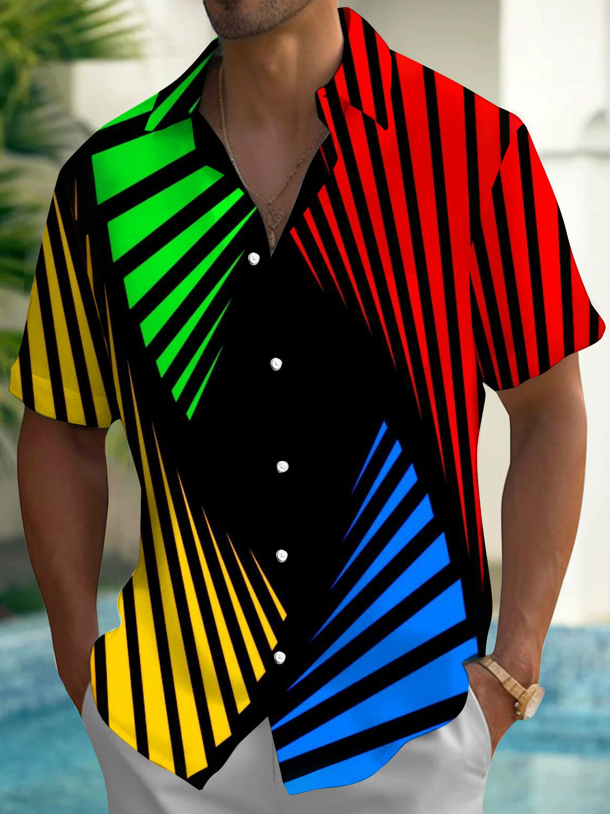 Adaychic Men's Striped Colorful Geometric Stripes Print Short Sleeve Shirt with Chest Pocket