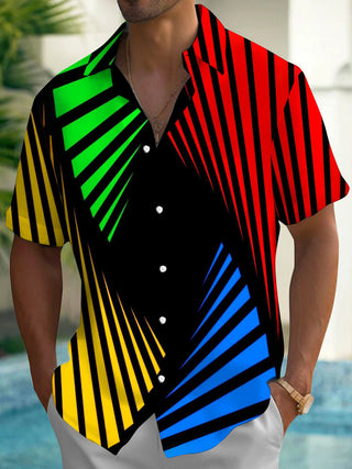 Adaychic Men's Striped Colorful Geometric Stripes Print Short Sleeve Shirt with Chest Pocket