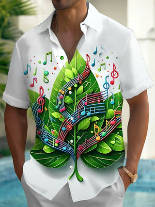 Adaychic Men's Graphic Musical Notes On Leaves Print Short Sleeve Shirt with Chest Pocket
