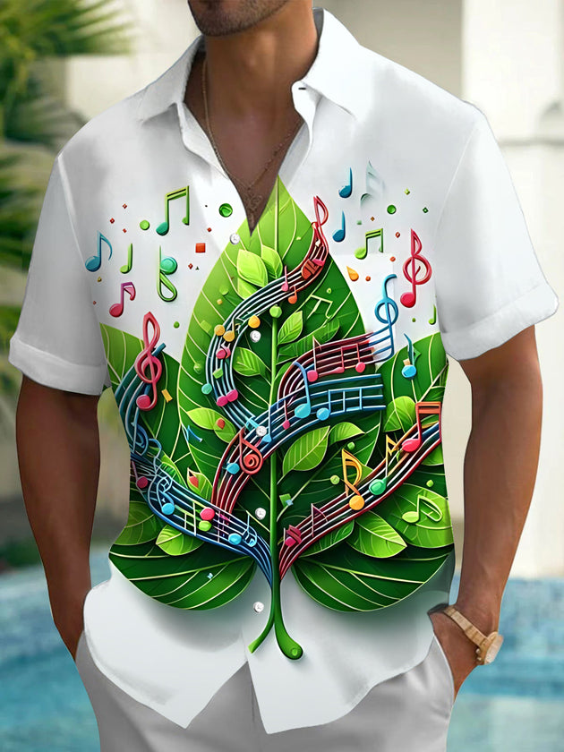 Adaychic Men's Graphic Musical Notes On Leaves Print Short Sleeve Shirt with Chest Pocket