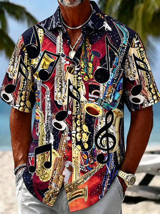 Adaychic Men's Graphic Saxophone Instruments Print Short Sleeve Shirt with Chest Pocket