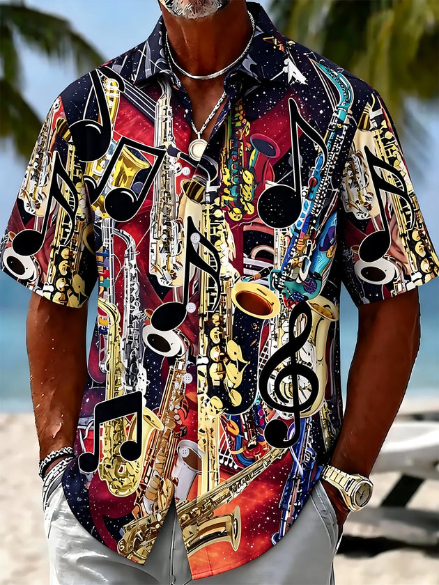 Adaychic Men's Graphic Saxophone Instruments Print Short Sleeve Shirt with Chest Pocket