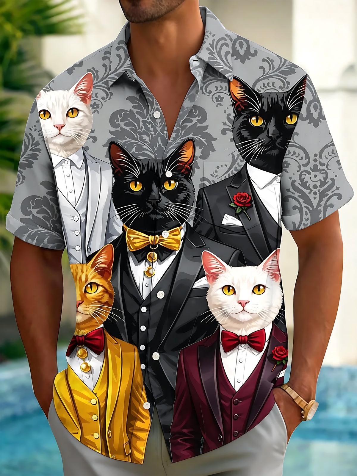 Adaychic Men's Hawaiian Cat In Tuxedo Print Short Sleeve Shirt with Chest Pocket