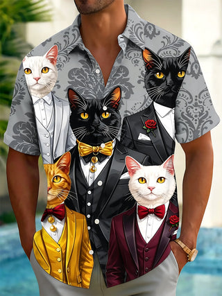 Adaychic Men's Hawaiian Cat In Tuxedo Print Short Sleeve Shirt with Chest Pocket