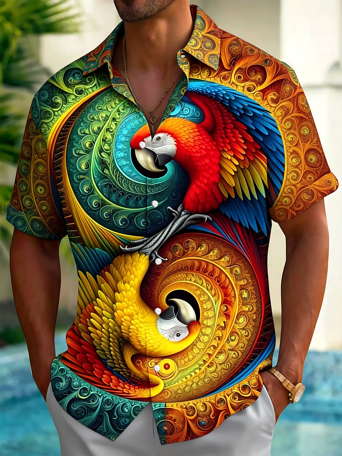 Adaychic Men's Hawaiian Parrot Print Colorful Swirl Pattern Short Sleeve Shirt with Chest Pocket