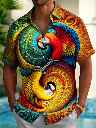 Adaychic Men's Hawaiian Parrot Print Colorful Swirl Pattern Short Sleeve Shirt with Chest Pocket