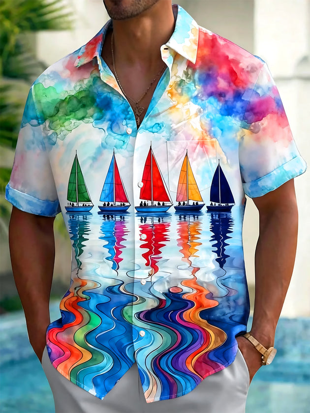 Adaychic Men's Graphic Watercolor Sailboats Print Short Sleeve Shirt with Chest Pocket