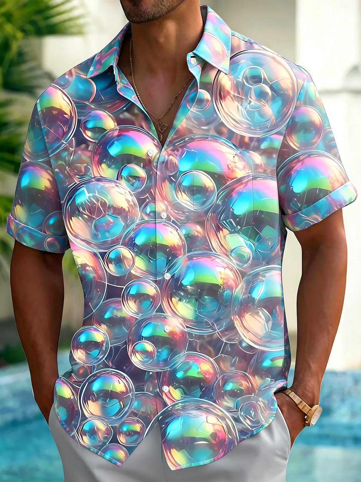 Adaychic Men's 3D Iridescent Bubbles Print Short Sleeve Shirt with Chest Pocket
