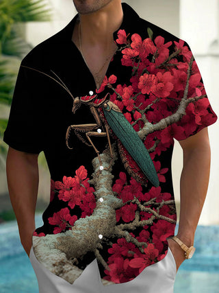 Adaychic Men's Printed Mantis On Branch Print Short Sleeve Shirt with Chest Pocket