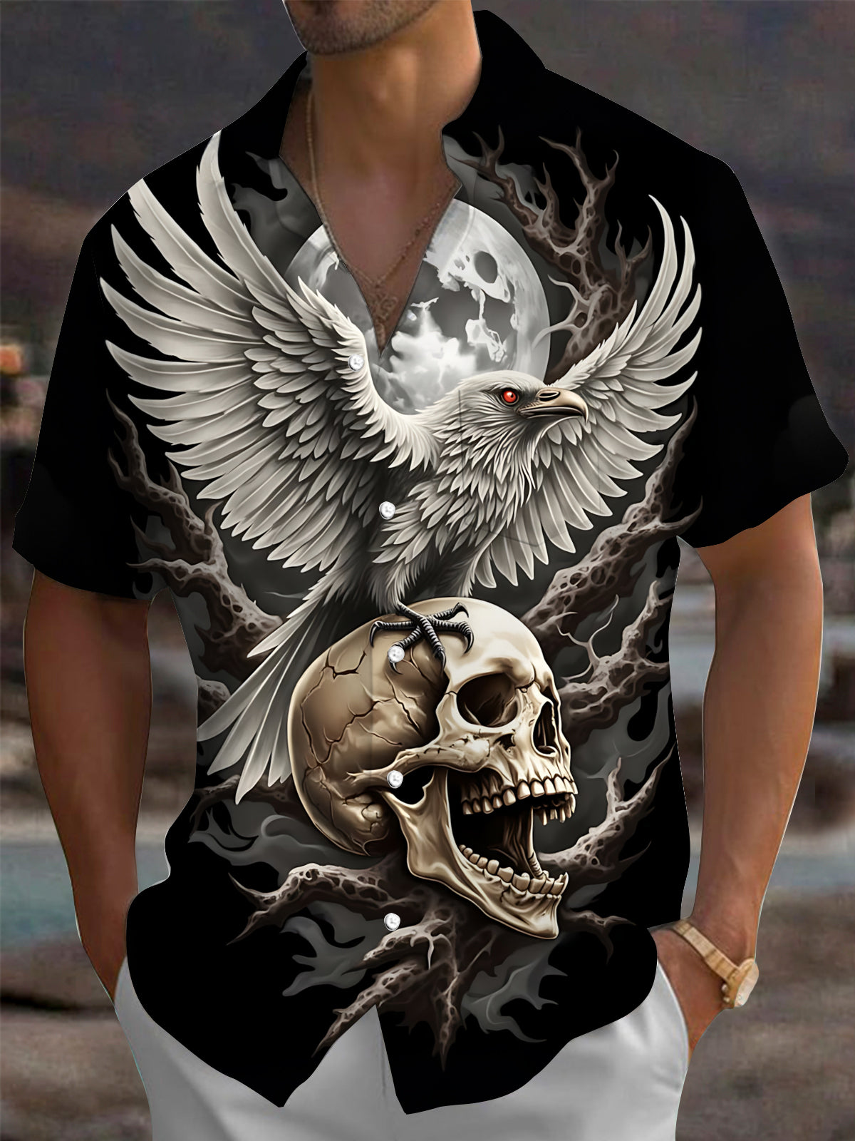 Adaychic Men's Graphic Skull And Raven Print Full Moon Print Short Sleeve Shirt with Chest Pocket