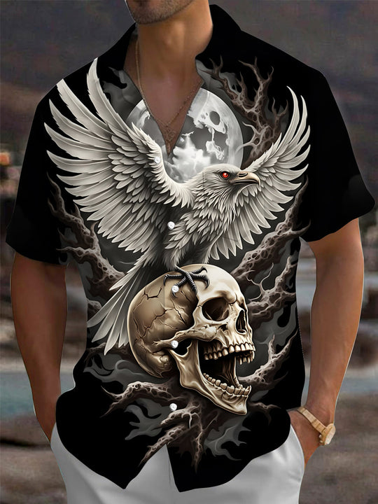 Adaychic Men's Graphic Skull And Raven Print Full Moon Print Short Sleeve Shirt with Chest Pocket