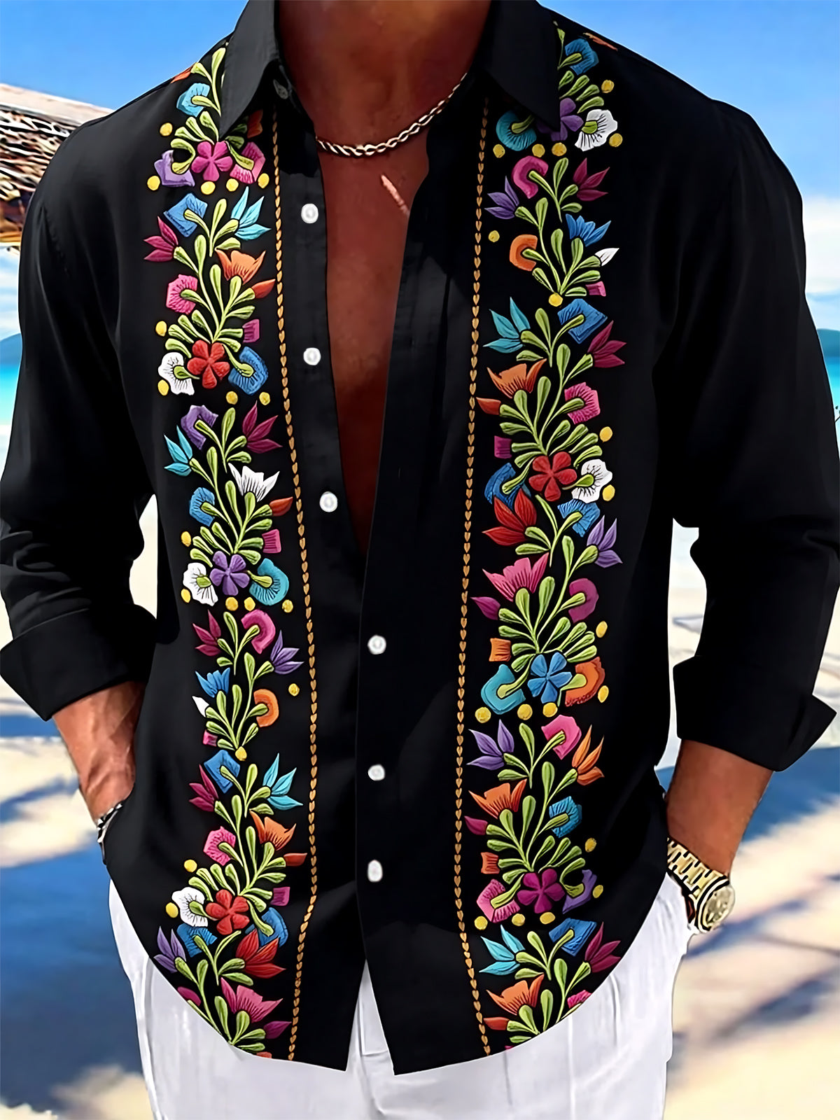 Adaychic Men's Floral Colorful Floral Embroidery Print Long Sleeve Shirt with Chest Pocket