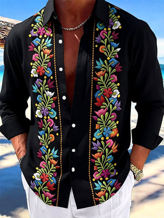 Adaychic Men's Floral Colorful Floral Embroidery Print Long Sleeve Shirt with Chest Pocket