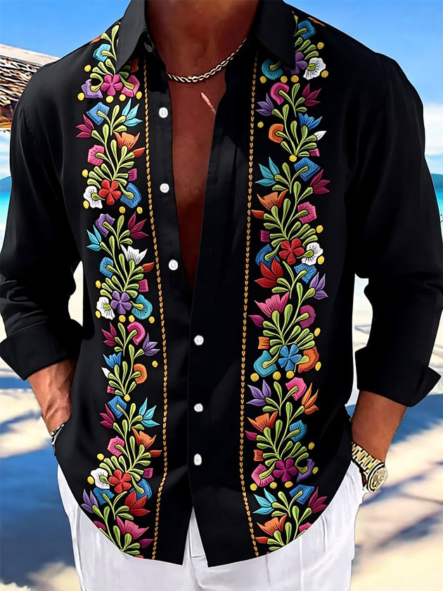 Adaychic Men's Floral Colorful Floral Embroidery Print Long Sleeve Shirt with Chest Pocket