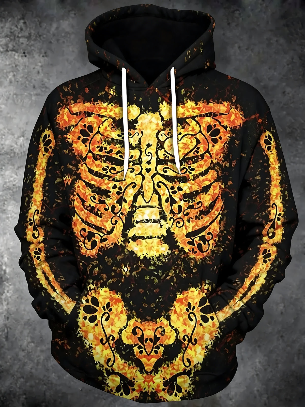 Adaychic Men's Graphic Skull Print Fire Effect Print Long Sleeve Hoodie with Chest Pocket